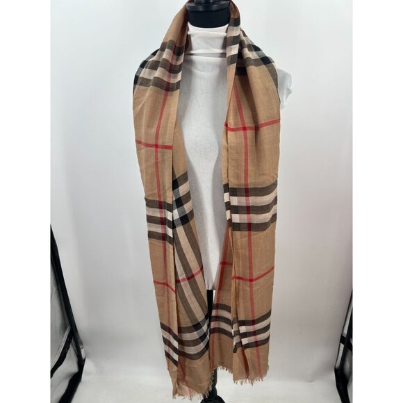 Burberry Beige Check Wool and Silk Scarf Made In Italy Soft & Lightweight - Picture 3 of 10